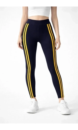 Bidebuvar Likralı Yan Sarı Şeritli Detaylı Tayt - Siyah