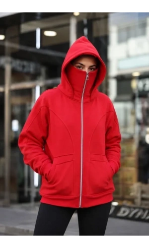 Bidebuvar Maskeli Ninja Model Çift Kapüşonlu 3 İplik Şardonlu Fermuarlı Oversize Sweatshirt - Kırmızı