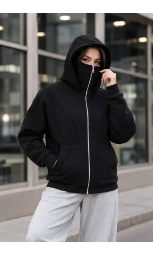 Bidebuvar Maskeli Ninja Model Çift Kapüşonlu 3 İplik Şardonlu Fermuarlı Oversize Sweatshirt - Siyah