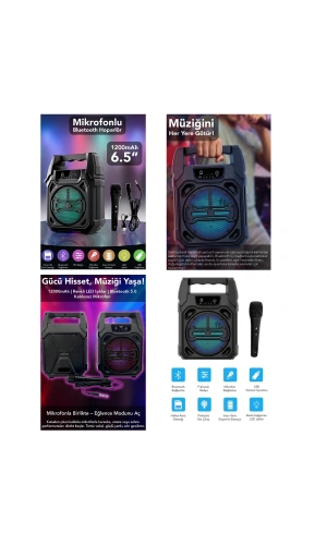 Bidebuvar Mikrofonlu Bluetooth Hoparlör - LED Işıklı - USB Şarjlı - AUX Destekli