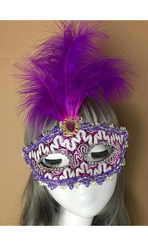 Bidebuvar Mor Dantel İşlemeli Mor Tüylü Balo Parti Maskesi