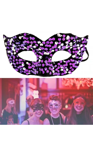 Bidebuvar Mor Renk Arkadan Lastikli Pul Payet İşlemeli Balo After Parti Maskesi