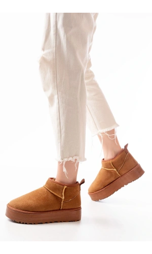 Bidebuvar NDR-2850 Taba Süet İçi Kürklü Kışlık Kapalı Burun Kadın Günlük Terlik