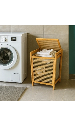 Bidebuvar Orta Boy Ahşap Bambu Kirli Sepeti 40x35x60