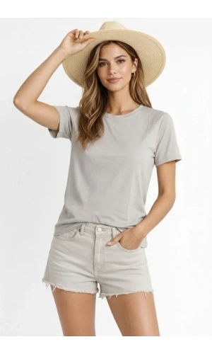 Bidebuvar Osy Modal Yumuşak Dokulu Kumaş Bisiklet Yaka T-shirt - Gri