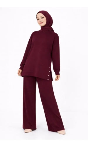 Bidebuvar Osy Modal Yumuşak Dokulu Kumaş Modern Tesettür Takım Yandan Metal Çıtçıtlı Uzun Tunik Pantolon Set Salaş Kalıp - Bordo