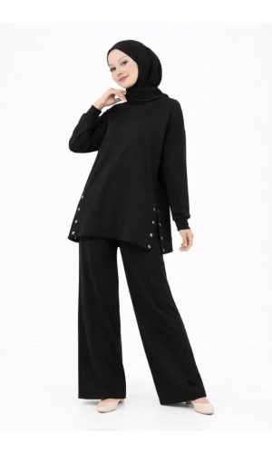 Bidebuvar Osy Modal Yumuşak Dokulu Kumaş Modern Tesettür Takım Yandan Metal Çıtçıtlı Uzun Tunik Pantolon Set Salaş Kalıp - Siyah