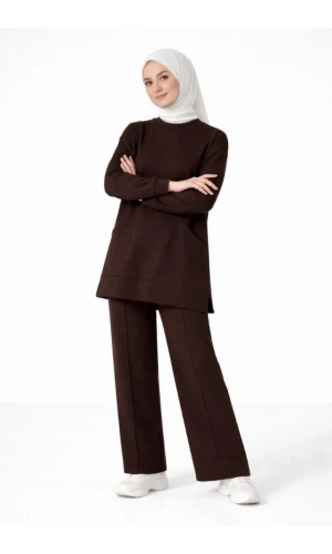 Bidebuvar Osy Modal Yumuşak Dokulu Kumaş Tesettür Cepli Tunik Pantolon Takım - Kahverengi