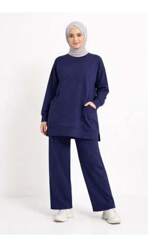 Bidebuvar Osy Modal Yumuşak Dokulu Kumaş Tesettür Cepli Tunik Pantolon Takım - Lacivert