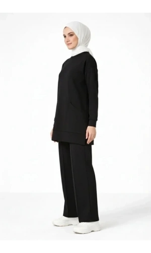 Bidebuvar Osy Modal Yumuşak Dokulu Kumaş Tesettür Cepli Tunik Pantolon Takım - Siyah
