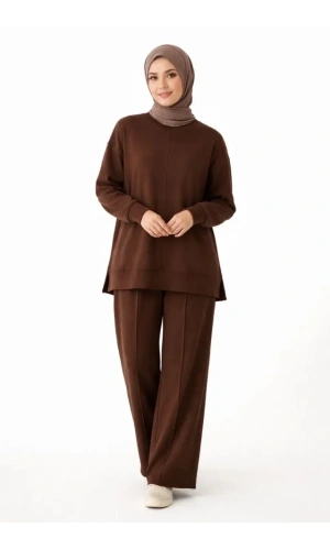 Bidebuvar Osy Modal Yumuşak Dokulu Tesettür İkili Takım Yan Yırtmaçlı Uzun Tunik Ve Düz Paça Pantolon, Salaş Kalıp - Kahverengi