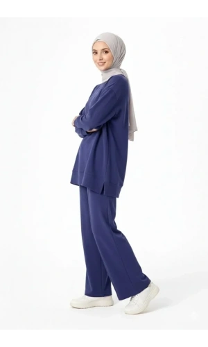 Bidebuvar Osy Modal Yumuşak Dokulu Tesettür İkili Takım Yan Yırtmaçlı Uzun Tunik Ve Düz Paça Pantolon, Salaş Kalıp - Lacivert