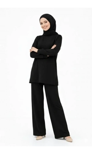 Bidebuvar Osy Modal Yumuşak Dokulu Tesettür İkili Takım Yan Yırtmaçlı Uzun Tunik Ve Düz Paça Pantolon, Salaş Kalıp - Siyah