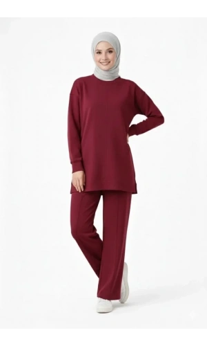 Bidebuvar Osy Modal Yumuşak Dokulu Tesettür İkili Takım Yan Yırtmaçlı Uzun Tunik Ve Düz Paça Pantolon, Salaş Kalıp - Bordo