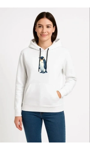 Bidebuvar Oversize Hoodie - Sırt Baskılı Survivor Penguin Temalı, Felsefi Yazılı Kapüşonlu Sweatshirt - Beyaz