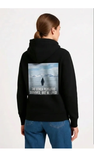 Bidebuvar Oversize Hoodie - Sırt Baskılı Survivor Penguin Temalı, Felsefi Yazılı Kapüşonlu Sweatshirt - Siyah