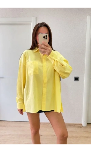 Bidebuvar Oversize Pens Detaylı Cepli Yırtmaçlı Rahat Kalıp Poplin Gömlek - Sarı