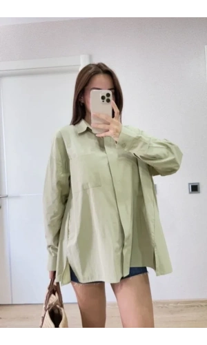 Bidebuvar Oversize Pens Detaylı Cepli Yırtmaçlı Rahat Kalıp Poplin Gömlek - Yeşil