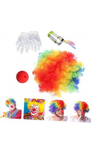 Bidebuvar Palyaço Saç, Burun, Eldiven, Baston Seti 4lü