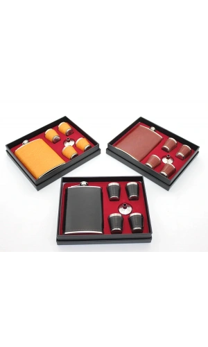 Bidebuvar Paslanmaz Çelik 4 Shot Bardaklı Derili Matara Seti Model 1