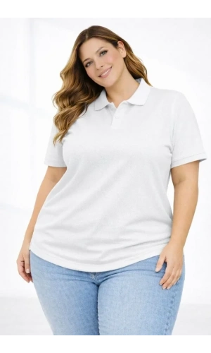 Bidebuvar Pike Kumaş Düğmeli Yaka Battal Büyük Beden Günlük Kısa Kol Tişört T-shirt - Beyaz