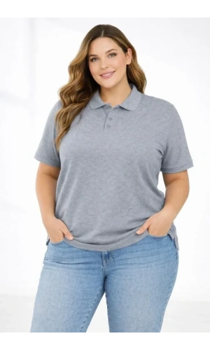 Bidebuvar Pike Kumaş Düğmeli Yaka Battal Büyük Beden Günlük Kısa Kol Tişört T-shirt - Gri