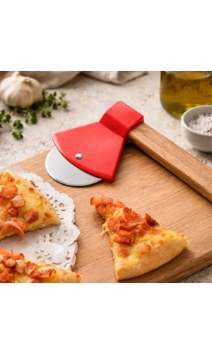 Bidebuvar Pizza Kesici - Balta Tasarımlı - Ahşap Saplı - Paslanmaz Çelik Bıçaklı