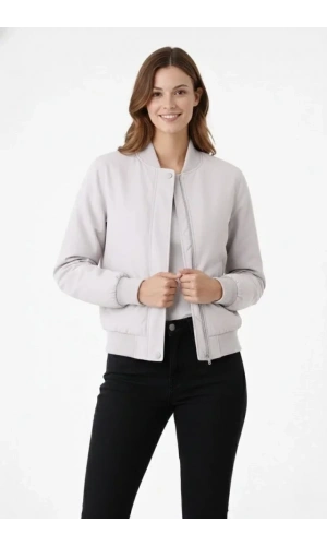 Bidebuvar Premium Bomber Ceket Çıtçıt Kapamalı, Ribana Manşetli, Astarlı, Regular Fit Mont - Beyaz