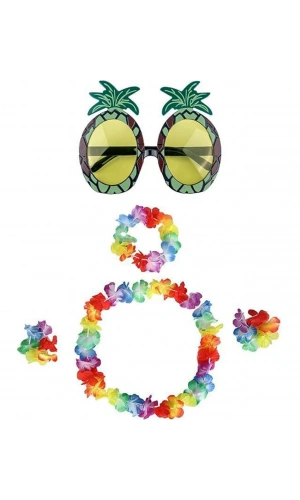 Bidebuvar Renkli Ananas Gözlük, Taç, Kolye ve Bileklik Seti
