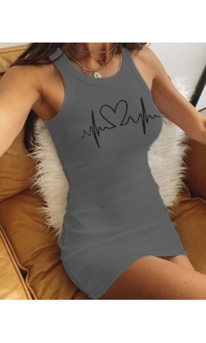 Bidebuvar Ritim Kalp Baskılı Sıfır Kol Kaşkorse Elbise