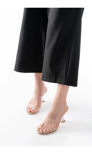 Bidebuvar S-618 Bej Rugan Çift Bantlı Topuklu Kadın Terlik