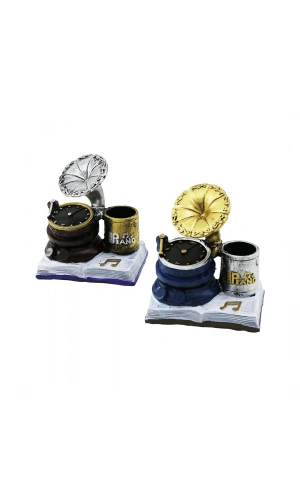 Bidebuvar Saatli Gramofon Tasarımlı Biblo Kalemlik - Dekoratif Model - Nostaljik Tasarım