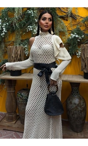 Bidebuvar Saten Kuşaklı Ajurlu Triko Elbise 2847