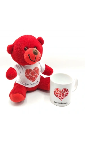 Bidebuvar Seni Seviyorum Baskılı Kırmızı Ayıcık ve Kupa Bardak Seti