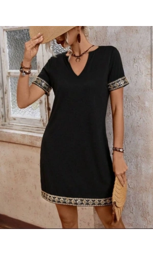 Bidebuvar Şerit Detay V Yaka Yandan Cepli Viskon Elbise