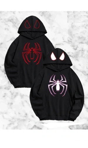 Bidebuvar Sevgili Çift Kombini Örümcek Baskılı Kapüşonlu Sweatshirt Hoodie - Siyah
