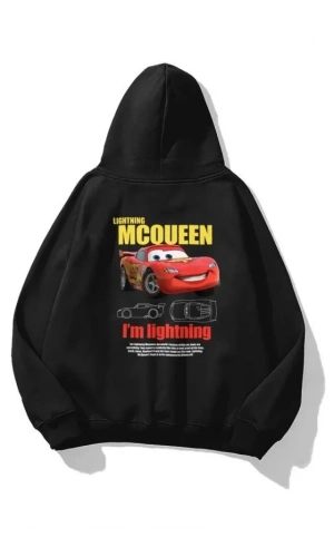 Bidebuvar Sevgililer Günü Araba Baskılı Oversize Kapüşonlu Sweatshirt Hoodie - Siyah