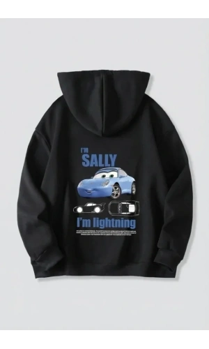 Bidebuvar Sevgililer Günü Araba Temalı Baskılı Oversize Kapüşonlu Sweatshirt Hoodie - Siyah