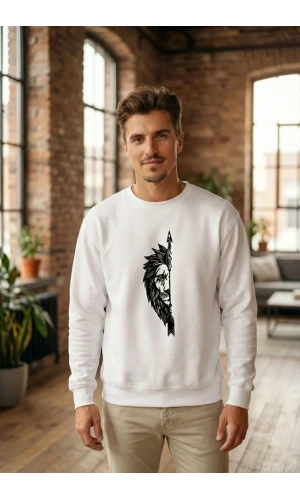 Bidebuvar Sevgililer Günü Özel Bisiklet Yaka Aslan Baskılı Oversize Sweatshirt - Beyaz