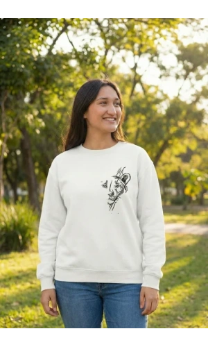 Bidebuvar Sevgililer Günü Özel Bisiklet Yaka Baskılı Oversize Sweatshirt - Beyaz