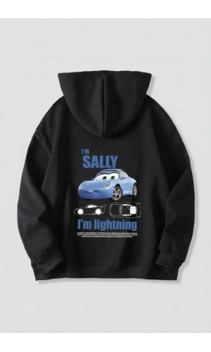 Bidebuvar Sevgililer Günü Özel Kapüşonlu Araba Baskılı Oversize Sweatshirt - Siyah