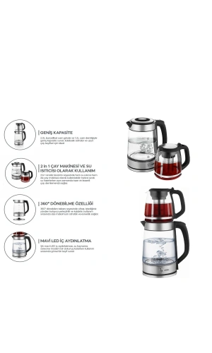 Bidebuvar Sinbo 2si 1 Arada Çaycı - Kettle - 2.0L + 1.2L Kapasite - Cam Gövde