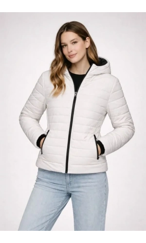 Bidebuvar Şişme Kapüşonlu Fermuarlı Mont Su Itici Kapitone Astarlı Kumaş Cepli Kışlık Rahat Kalıp - Krem