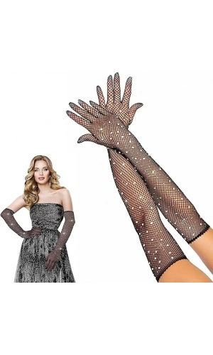 Bidebuvar Siyah İncili Elmas File Örgü Uzun Eldiven