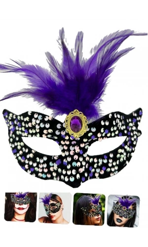 Bidebuvar Siyah Kadife Payetli Pullu Mor Tüylü Parti Maskesi