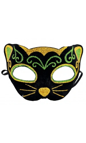 Bidebuvar Siyah Kadife Sarı Yeşil Simli Kedi Maskesi