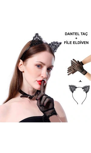 Bidebuvar Siyah Kedi Dantel Taç + Eldiven Seti – Parti, Dans ve Kostüm Kombini