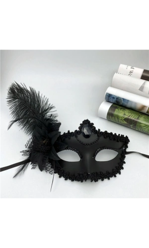 Bidebuvar Siyah Mat Renk Yandan Tüylü Güllü Parti Balo Venedik Maskesi