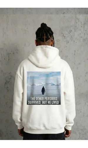 Bidebuvar Siyah Oversize Hoodie - Sırt Baskılı Survivor Penguin Temalı, Felsefi Yazılı Kapüşonlu Sweatshirt - Beyaz