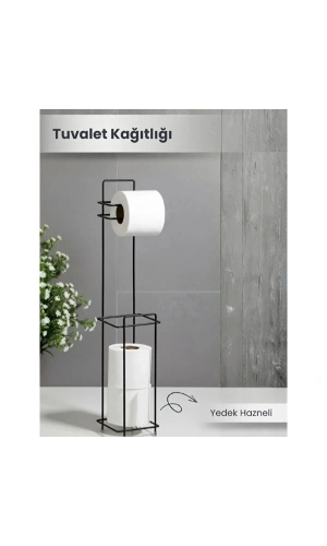 Bidebuvar Siyah Standlı Yedek Hazneli Tuvalet Kağıtlığı